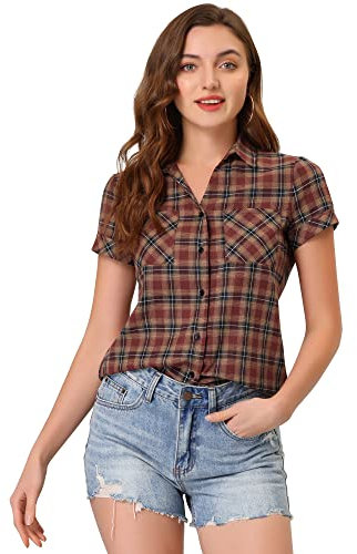 Allegra K Damen Kariertes Hemd Shirt Kariert Kurzarm Classic Oberteil mit Taschen Karo Bluse Rot Gelb M