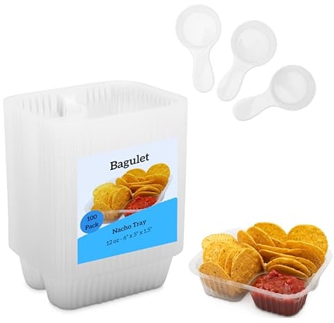 Bagulet - Snack Tray – 100 Pack for Chip and Dip Bowl - Nacho Nibbles Server Food with Sauce Compartment – Paper Alternative – Movie Night Party or Buffet Dish – Includes 3 Plastic Serving Scoops