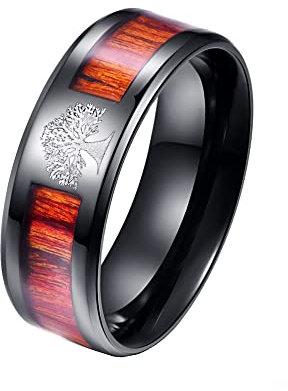 PAMTIER Bague Homme Arbre de Vie 8MM Anneau de Bande en Acier Inoxydable en Bois Incrusté Le Noir Taille 57