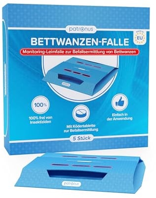 Bettwanzen-Falle [5 Stück] Bettwanzenfallen für die Befallsermittlung zur Bettwanzen-Bekämpfung - Monitoring-Klebefalle inkl. Köder mit starkem Lockmittel, Monitoring System hergestellt in der EU