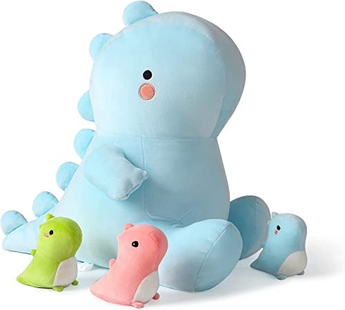 shownicer Plüschtier Dinosaurier Mama mit 3 Dino Stofftier Kawaii Plüsch, Dino Kuscheltier Plüschkissen Spielzeug, Wurfkissen, Schmusetier Geschenk Gefüllt für Kinder Mädchen Jungen