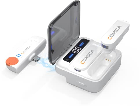 Comica Vimo S UC Micro Cravate Sans Fil pour Android USB-C, Annulation Active Bruit, Transmission 200M, Micro sans fil Plug&Play avec boîtier de charge pour Interview YouTube TikTok Live Stream(Blanc)
