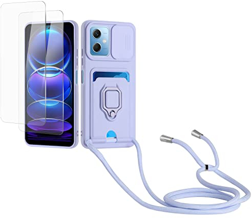 Kaslly Funda con Cuerda para Redmi Note 12 Pro/Xiaomi Poco X5 Pro+[2 Pack Protector Pantalla],Case con Ranura para Tarjetas,Cubierta de Cámara Deslizante Proteger,Doble Cara Protección-Púrpura