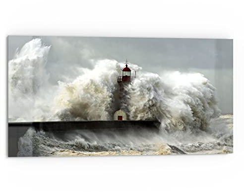 DEQORI Küchenrückwand Glas | Motiv Leuchtturm bei Sturmflut | 80x40 cm | Bad- oder Herd-Rückwand | Herdblende Spritzschutz für Küche & Badezimmer | moderne Deko für Fliesenspiegel