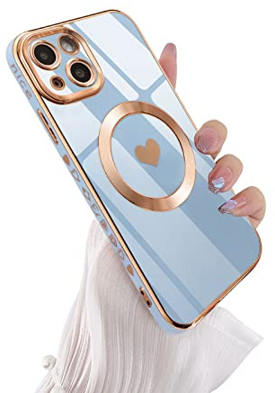 UEEBAI Wireless Charging Magnetic Phone Case For iPhone 13, Built-in Compatible with MagSafing Faster Charging Slim Fit Heart Pattern Soft TPU Microfiber Cover - Heart Blue