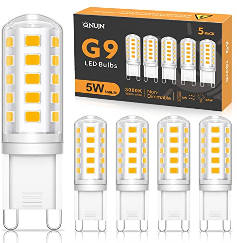 QNUJN G9 Led Bulbs Warm White, 5W, 500LM, 3000K, Equivalent to 50W Halogen, Non-Dimmable Energy Saving Light Bulb for Home Lighting Decor, Chandelier, Wall Light, Crystal Lamp-5 Packs