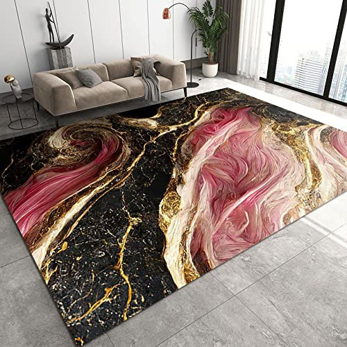 SANSJI Tapis de Chambre Marbre Rose Noir Or, Entretien Facile Intérieur Moquette, Moderne Abstrait Rêveur Lavable Tapis Intérieur - pour Décor Chambre d'enfant 140 x 200 cm