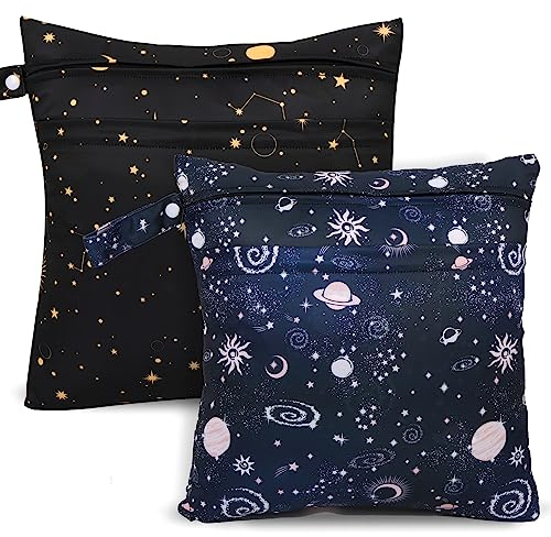 SANFERGE Lot de 2 sacs à couches en tissu imperméables réutilisables avec 2 poches à fermeture éclair et poignée - Sacs à linge lavables pour vêtements de bébé et d'adulte, voyage, plage, piscine,