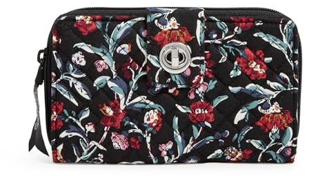 Vera Bradley Damen Geldbörse mit Drehverschluss aus Baumwolle mit RFID-Schutz, Stauden Noir, Einheitsgröße