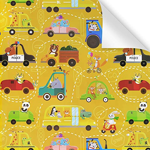 Geburtstags-Geschenkpapier für Kinder, Mädchen und Jungen, Geschenkpapier mit Tiertransport-Design für Geburtstag, Polizeiauto, Bus, niedliche Cartoon-Tiere, 4 Bögen flach gefaltet 50x70 cm pro Bogen