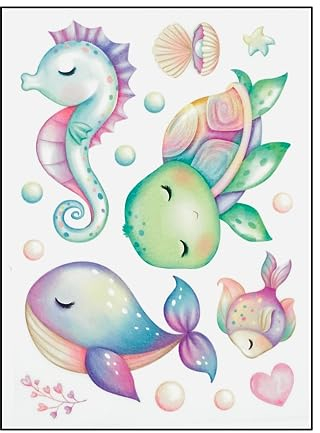 Bügelbilder Set für Textilien DIN A4 Kinder Mädchen Jungen Dino Einhorn Waldtiere groß klein Aufbügelbild zum aufbügeln verschiedene Designs Aufbügler Transferbilder (3 - Meerestiere)