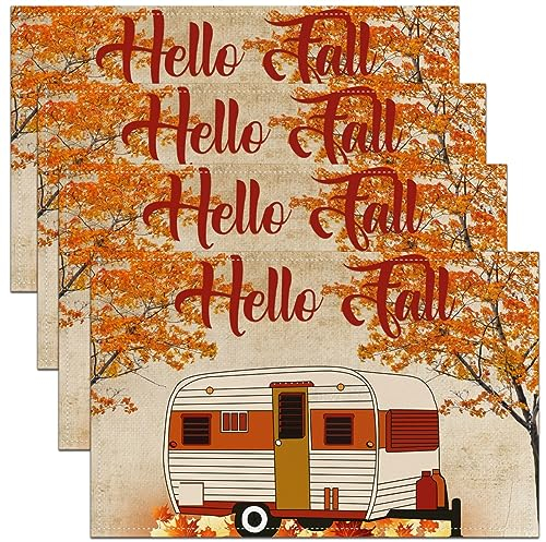 Herbst Ahorn Tischsets 45Wx30L Satz von 4,Hallo Herbst Platzmatten für Thanksgiving,Cartoon Auto Tischmatten für Camping,Herbst Ernte Camper Mahlzeit Matten für Essen Patic Tisch Küche Dekor