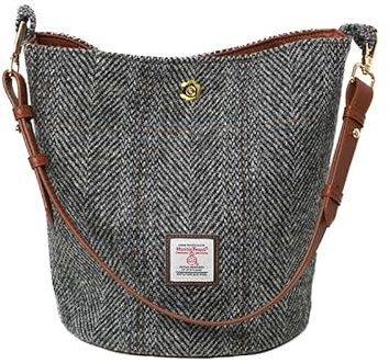 TAILORMAP Harris Tweed Frauen Bucket Bag Schultertasche Handtasche mit zwei Arten von Lederriemen, GRAU