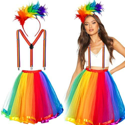 BiuCrush Regenbogen Tüllrock mit Feder Haarreif Bunt Hosenträger Faschingskostüm Damen, Regenbogen Einhorn Rock, 50er Rock Petticoat, Karneval Fasching Tütü Damen Mädchen