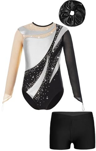 Runhomal Turnanzug Kinder Mädchen Gymnastikanzug Glänzend Trikot Leotard Sportbody Tanzshorts Langarm Turnbody Ballettbody Turnanzug Silber schwarz 170