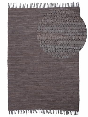 carpetfine Flickenteppich Kelim Chindi Uni Mauve 70x140 cm, handgewebt | Fleckerlteppich aus Baumwolle für Wohnzimmermit Fransen