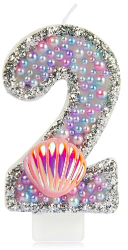 Mermaid 2nd Birthday Candles for Cake,Macaroon Number 2 Candle with Pink Shell,Girls 2nd Birthday Decorations,Pink Purple Candle Pearls Cake Toppers for Girls Birthday Party Decorations Supplies