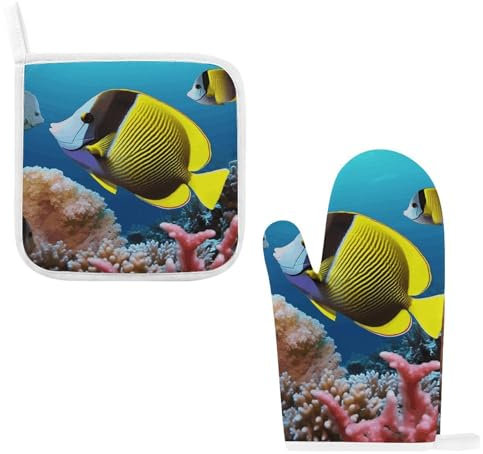 Ofenhandschuhe und Topflappen, Ofenhandschuh, tropische Fische, hitzebeständig, Ofenhandschuh zum Kochen, rutschfeste Kochhandschuhe, waschbare Topflappen zum Backen, Grillen, 2 Stück