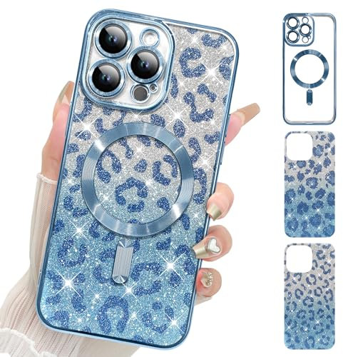 UZEUZA Compatible with iPhone 13 Pro Max Case, Leopard Print Phone Case,2 Differents Pieces of Cheetah Print Glitter Design,Shockproof Protective Cover Women for iPhone 13 Pro Max 6.7 Inch, Blue