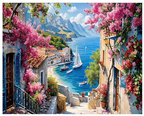 Peinture Numero Adulte, DIY Peinture Par Numero Adulte, Peinture Acrylique pour Adultes Enfants débutants Facile sur Toile Peinture Numero avec peintures et pinceaux 40×50cm Flower Town(sans Cadre)