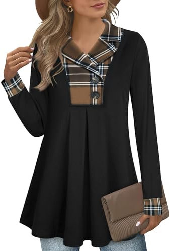 GUUKA Ladies Casual Long Sleeve V Neck Swing Tunic Tops Loose Pleated Pullover Sweatshirt Longline Autumn Jumpers Sweater For Women UK(Coffee Plaid,L)