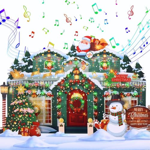 WUJUN Musik-Weihnachtskarte, 3D-Weihnachts-Pop-Up-Karte, spielt 3 Weihnachtsmelodien mit passenden blinkenden Lichtern, Grußkarte, Weihnachtshaus (Grün)