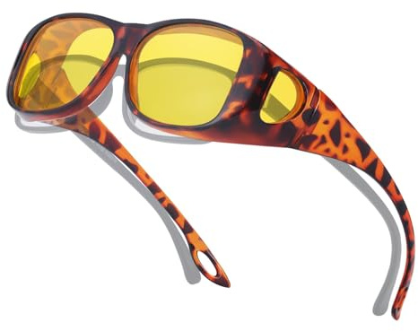 TJUTR Night Driving Glasses Fit Over Glasses for Women - Anti Glare Yellow Lenses for Nighttime Driving in Rain, Fog & Cloudy Weather