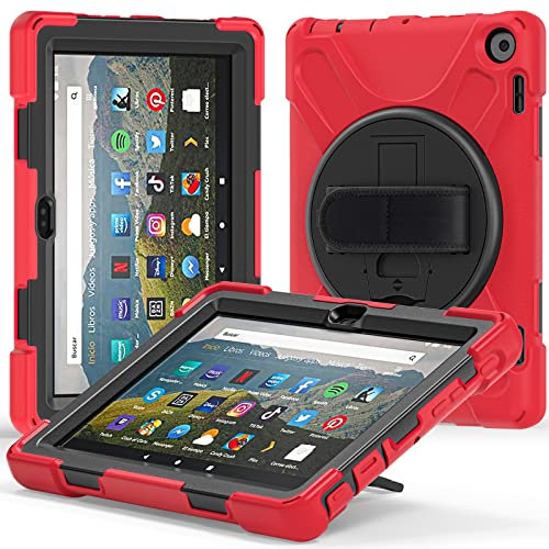 Funda Amazon Kindle Fire HD 8 2024 & Amazon Kindle Fire HD 8 Plus 2024, Híbrido Tres Capas Funda Carcasa Protector con Correa de Mano, 360 Rotación Kickstand para Amazon Kindle Fire HD 8 2024