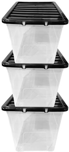 KAPCO 80L Plastic Storage Box with Black Lid (Pack of 3) | Large, Stackable, Strong, Durable Clear Box Containers for Home & Office | Multipurpose Storage Tubs | 57 x 40 x 40cm | 80 Litre - 3 Pack