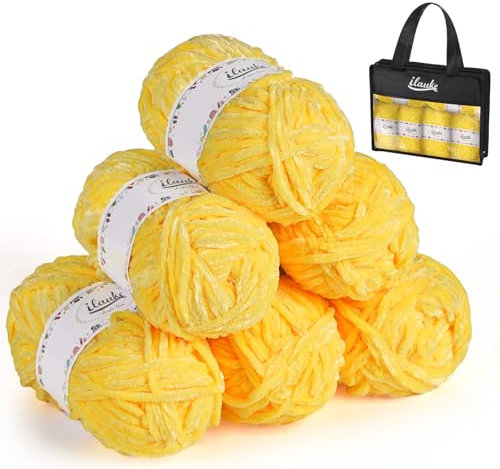 ilauke Filato di ciniglia grosso da 6 x 50 g, morbido filato di ciniglia grosso, per lavori a maglia con borse, vestiti, coperte, borse, fai da te, giallo