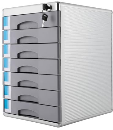 7 Fächer Schubladenbox, Robust Büro Aktenschrank, Metall Schubladen Organizer, mit Beschriftungsleiste und Sicherheitsschloss, Für die Aufbewahrung von A4 Dokumenten und Utensilien