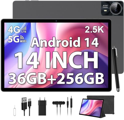 PIXGOOD 2.5K Tablet 14 Zoll, 4G Lte/5G WiFi, INCELL 2240 x 1400, 11580mAh, 36GB RAM, 256GB ROM (2TB Erweiterung), Android 14, Octa-Core, 13MP+8MP, Tablet mit schützende Hülle/GPS/Bluet (Grau)