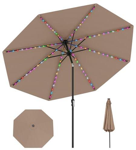 COSTWAY 2.9m Garden Parasol, 96 Solar Powered LED Lights Patio Umbrella with Tilt, Crank Handle & Vented Top, 8 Ribs UV Protective Outdoor Table Sun Shade for Market Yard Pool (Coffee)