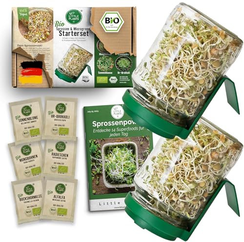 Little Plants Sprossenglas Set [2er Set] + 6 x Bio Sprossen Samen inkl. Sprossen Ebook Keimglas (Grün)
