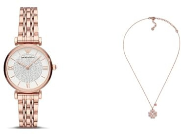 EMPORIO ARMANI Femme Rose Doré Acier Inoxydable Montre and Collier, Coffret