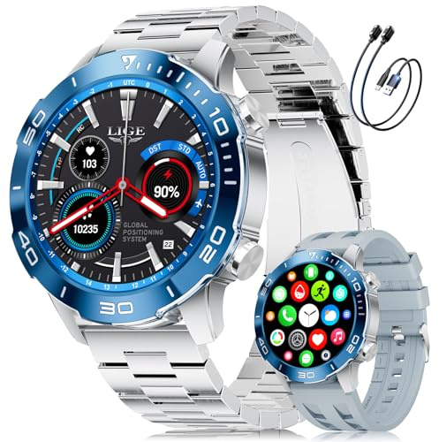 LIGE Smartwatch Herren mit Telefonfunktion, AMOLED Smart Watch für Android/iOS, IP68 Wasserdicht, 24/7 Herzfrequenz/Schlafmonitor, 170+ Sports, 300+ Zifferblätter, Silbernem Gehäuse & Blauer Blende
