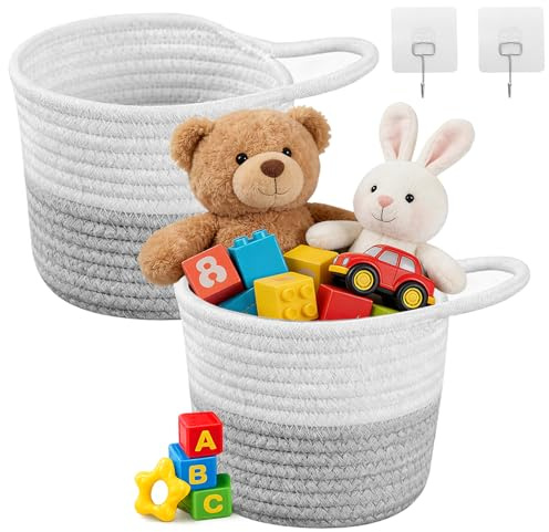 2er Set Hängekörbe 15×15 cm, Geflochtener Wandkorb aus Baumwolle mit Griff, Aufbewahrungskorb zum Aufhängen für Küche, Bad & Schlafzimmer, Korb Organizer für Pflanzen & Zubehör (Weiß/Grau)