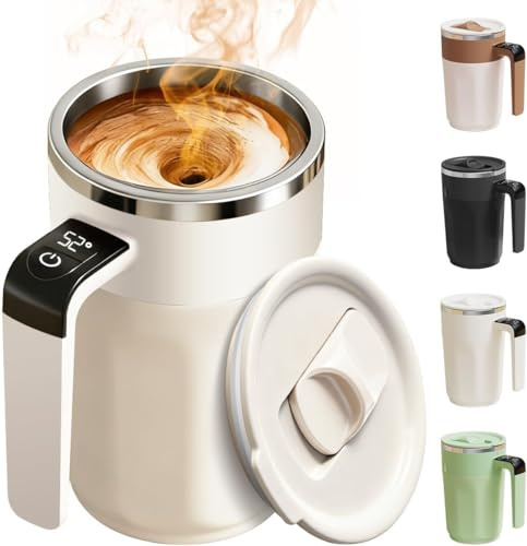Automatic Stirring Coffee Cup with Temperature Display, 2026 Rechargeable Coffee Mug, 13.5oz Self-Stirring Mug with Lid, Stainless Steel Material Suitable for Coffee, Milk, and Other Beverages (White)