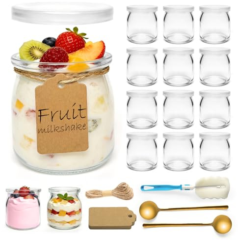 Ouxayapl 12 Pièces 200ml Pot Yaourt en Verre avec Couvercle Sans BPA | Pot en Verre à Dessert Transparents Pour Pudding,Desserts, Yaourt Maison