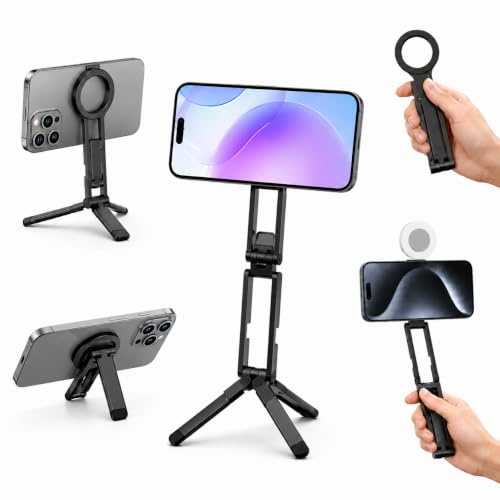 Magnetisches Handy Stativ 3-in1, Faltbares Handy Stativ mit Karabiner Design, Mini Tripod Smartphone für Vlogging, Selfies, Reisen, Tisch und Handbetrieb