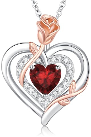 Halskette Damen Silber Rose Herz Halskette Geburtsstein Schmuck Geschenke | Muttertag Geburtstag Valentinstag Weihnachten Geschenke für Frauen Freundin Mama
