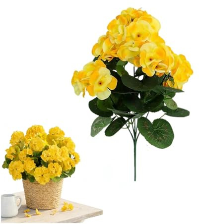 HFDHD Artificial Geranium Flowers for Outdoors Uv Resistant Garden Plants Faux Flowers,Realistic Silk Geraniums Fake Flower,Outside Home Garden Balcony Yard Porch Decor (Yellow,6 Bundles)
