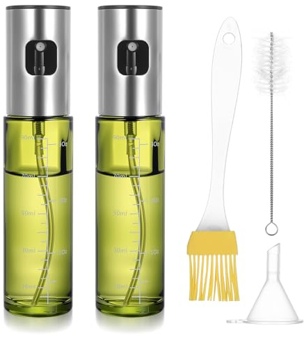LiYiJiKeJi 2 Pz 100ml Spruzzino Olio per Friggitrice Aria, Flaconi Spray Olio per Friggitrice ad Aria Cucina, Spruzzatore Olios Oliera Spray Nebulizzatore in vetro, con Imbut e Spazzole