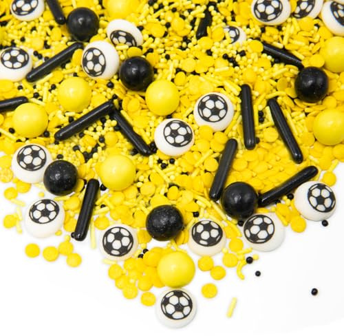 Happy Sprinkles FOOTBALL CHAMPION -Fußball Streusel Deko Gelb/Schwarz - 90g | Fußball Streusel Mix mit Schoko-Perlen für Torten, Cupcakes & Muffins, für Fußballpartys & Kindergeburtstage
