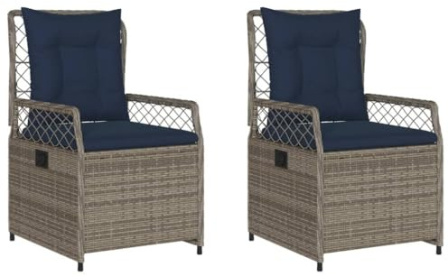 QJBSAVVA 2er Set Gartenstühle verstellbar aus Poly Rattan, Bequeme Gartenliegestühle mit Auflagen in Marineblau, Hochlehner Gartensessel für Balkon und Terrasse, Grau