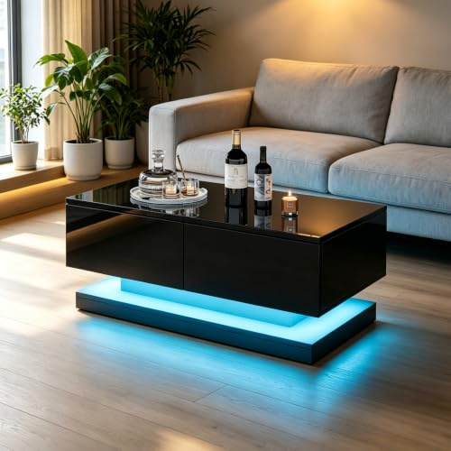 Couchtisch Schwarz Hochglanz 90x50x38cm mit LED Beleuchtung Per App Steuerbar Moderner Wohnzimmertisch Holztisch Kaffeetisch Beistelltisch Sofatisch Stabil Fernsehtisch für Wohnzimmer mit 2 Schubladen