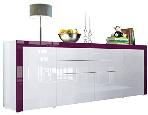 Vladon Sideboard La Paz V2, Made in Germany, Kommode mit 2 Türen, 2 Schubkästen und 2 Klappen, Weiß Hochglanz/Weiß Hochglanz/Brombeer Hochglanz (200 x 72 x 35 cm)