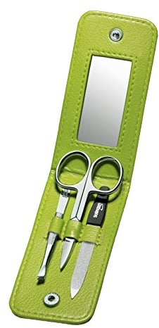 Clauss Maniküre Etui mit Spiegel, 3-teilig, Leder, grün, 1er Pack (1 x 3 Stück)