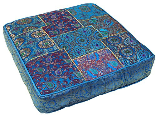 GURU SHOP Orientalisches Eckiges Patchwork Kissen 50 cm, Sitzkissen, Bodenkissen mit Baumwollfüllung - Blau, Synthetisch