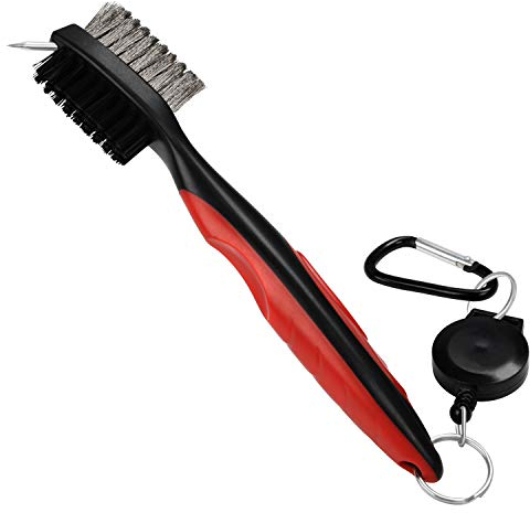 K&V GOLF Golfbürste Rot&Schwarz Ausziehbar Golfzubehör Bürste mit Rillenreiniger – 61 cm Zipline mit Aluminium Carabiner – Gummi Griff Ergonomisch – 2 V Brush Reinigungsbürsten mit Groove Spitzer Set
